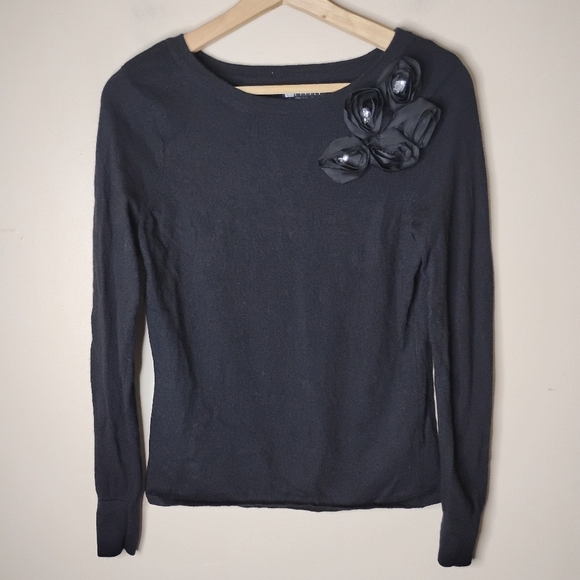 Carole Little Merino Wool Sweater M Satin Floral Appliqué Dressy Feminine Modest - Picture 3 of 6